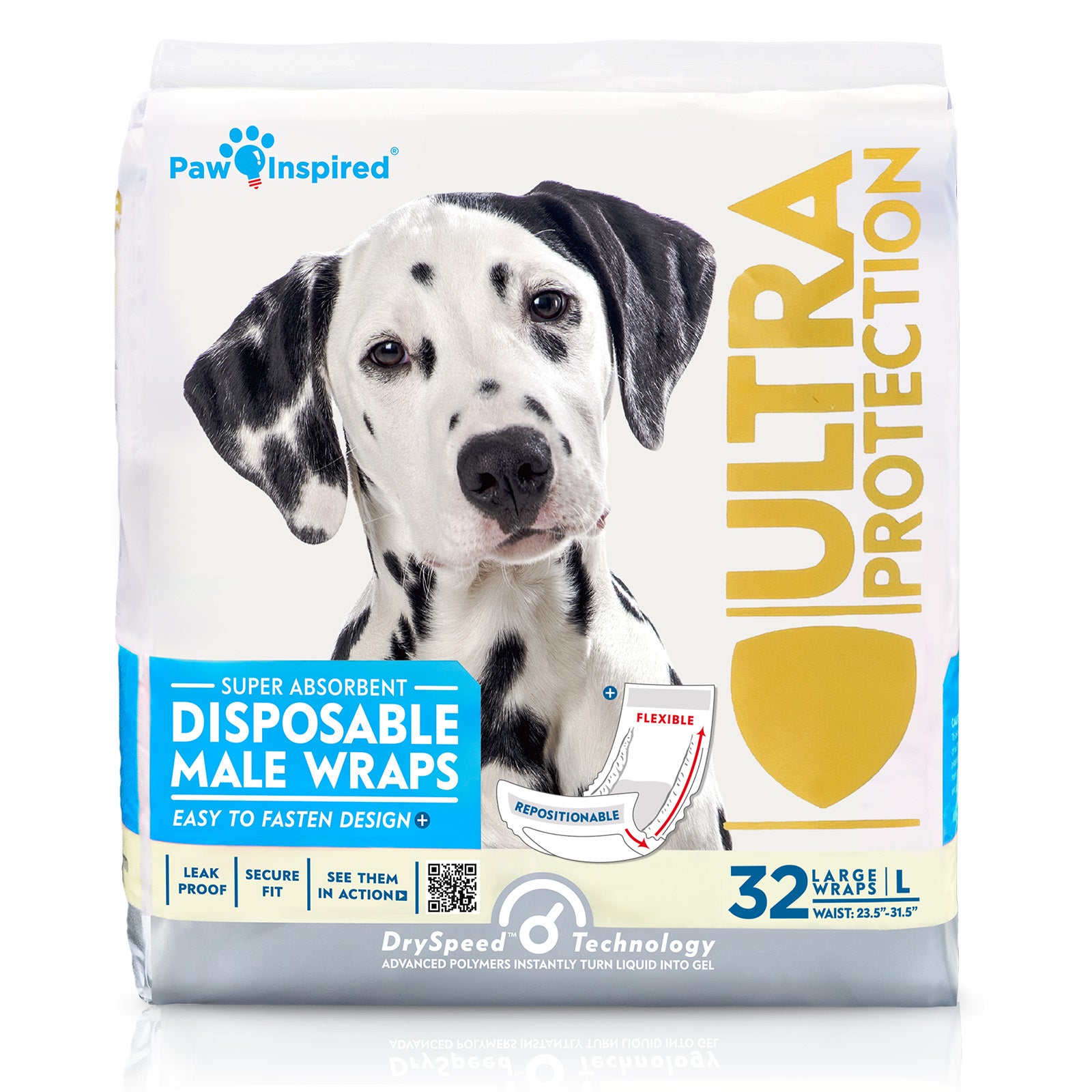 Paw Inspired disposable male dog wraps packaging for large size, featuring a Dalmatian and Ultra Protection branding.