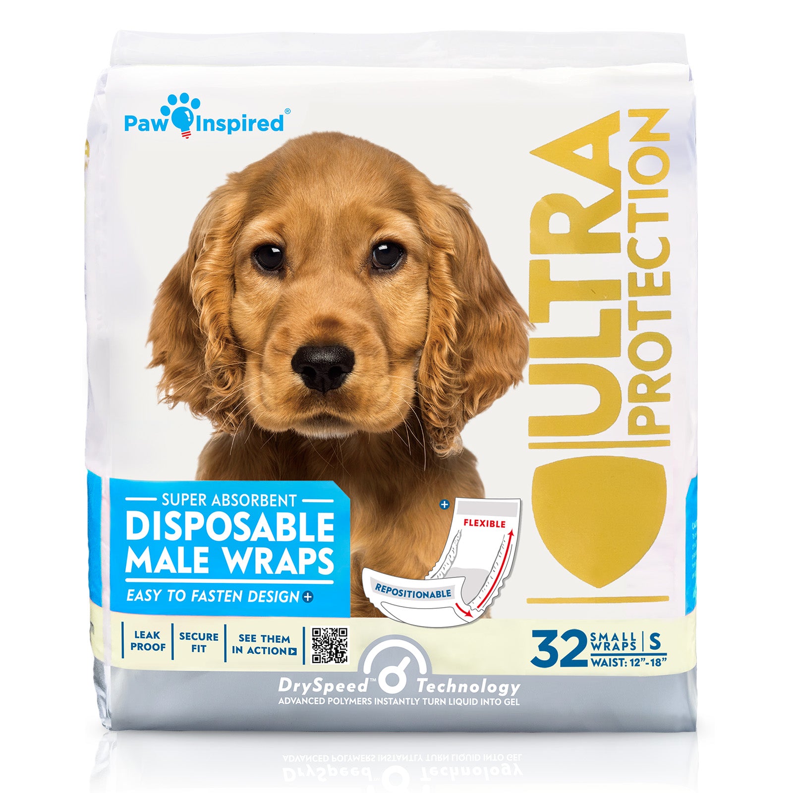 Paw Inspired disposable male wraps small size 32 count package, featuring a golden puppy with Ultra Protection and DrySpeed Technology for 12–18 inch waist.