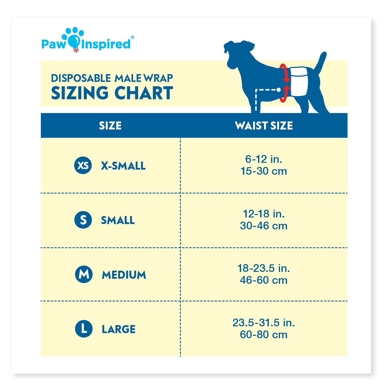 Paw Inspired disposable male dog wrap sizing chart showing waist size ranges for XS, S, M, and L.