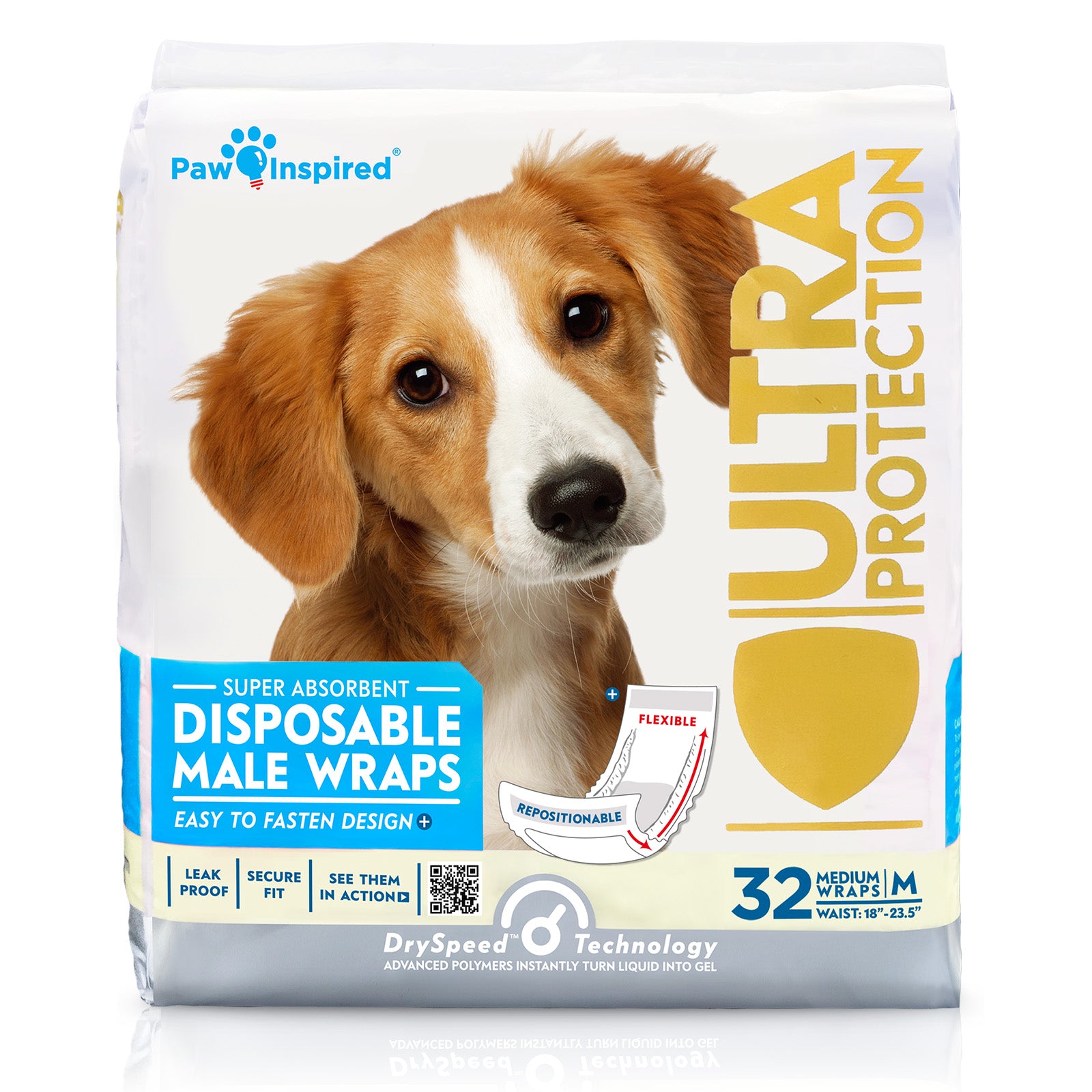 Paw Inspired Disposable Male Wraps package, medium size, featuring brown and white dog on the front.
