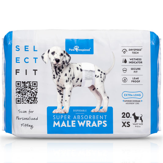 Paw Inspired SelectFit Extra Small Male Dog Wraps packaging with Dalmatian puppy illustration, showcasing leak-proof, wetness indicator, and DrySpeed Technology for superior absorbency.