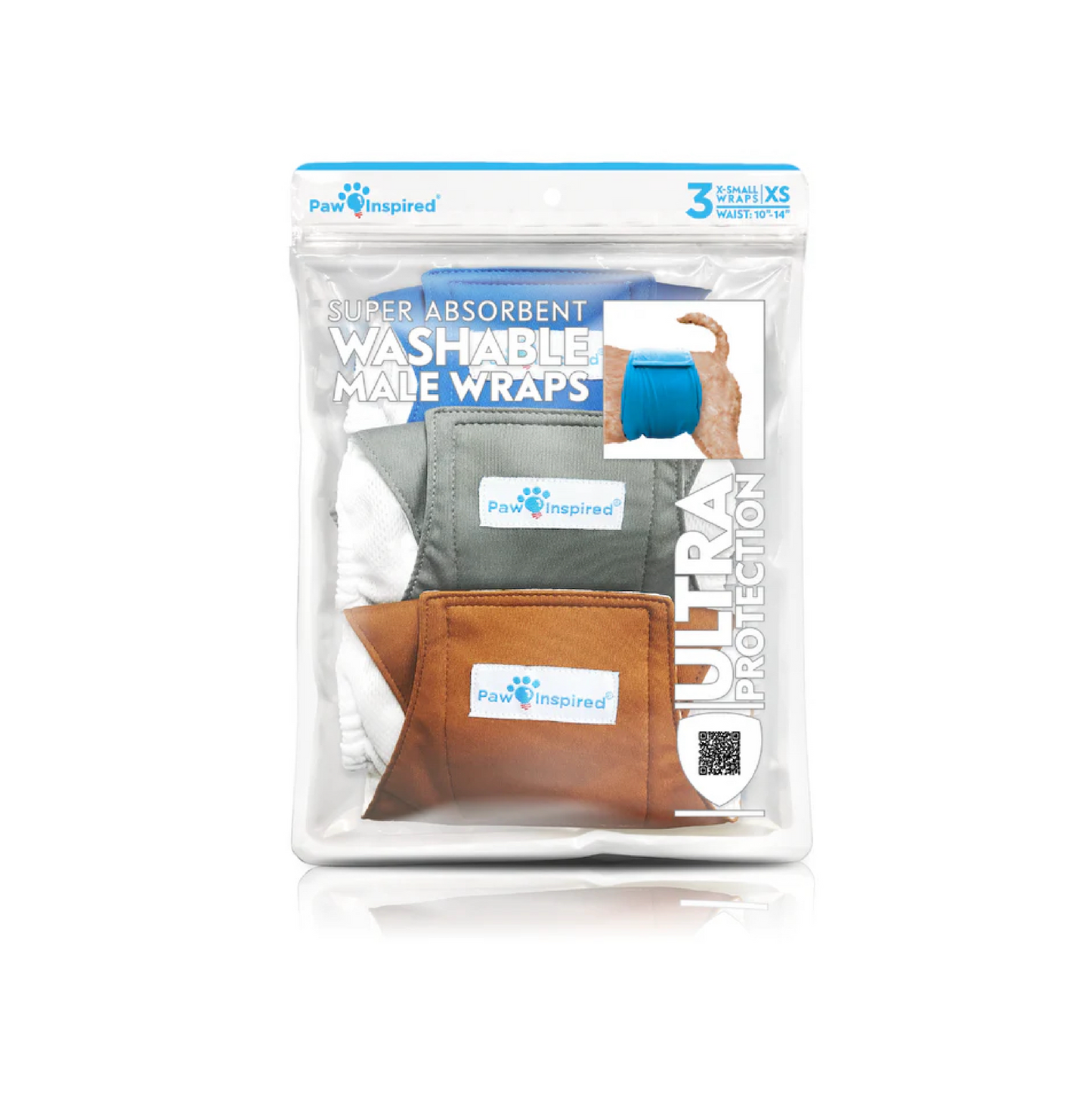 Paw Inspired washable male dog wraps 3-pack in XS size with gray, white, and brown colors, shown in retail packaging labeled ultra protection and super absorbent.