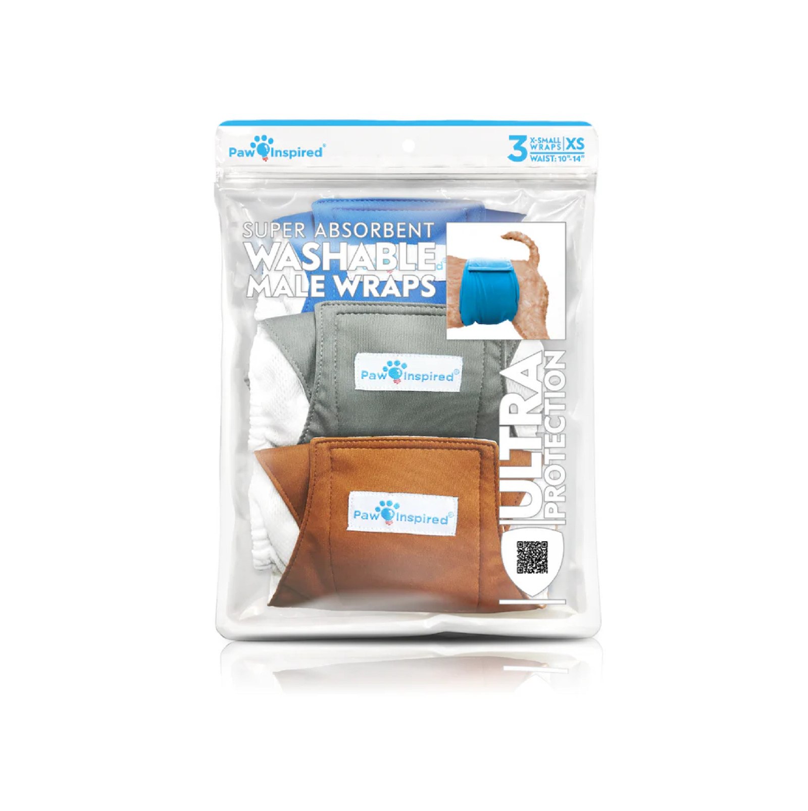 Paw Inspired washable male dog wraps 3-pack in XS size with gray, white, and brown colors, shown in retail packaging labeled ultra protection and super absorbent.