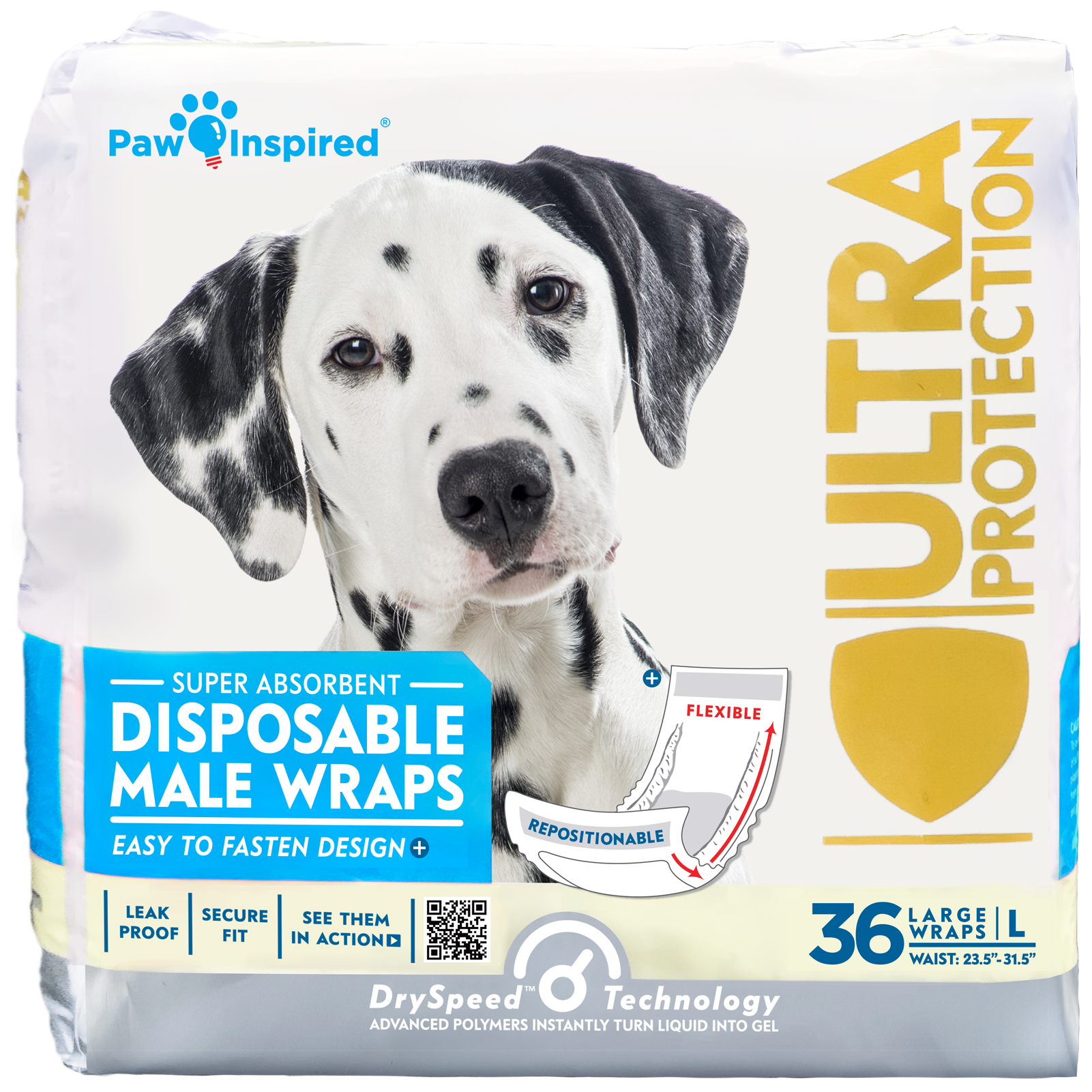 Paw Inspired Ultra Protection disposable male dog wraps in large size with Dalmatian image on package, featuring leak proof, secure fit, and DrySpeed Technology.