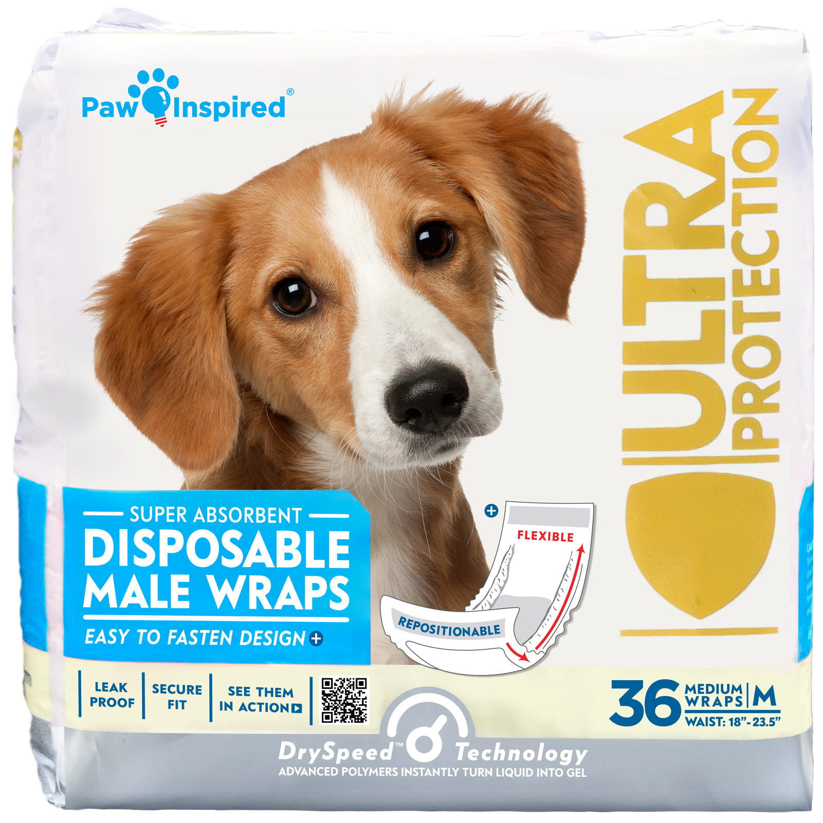 Paw Inspired disposable male wraps packaging featuring a medium-sized brown and white dog, showcasing Ultra Protection and leak-proof design for dogs with 18–23.5 inch waist.
