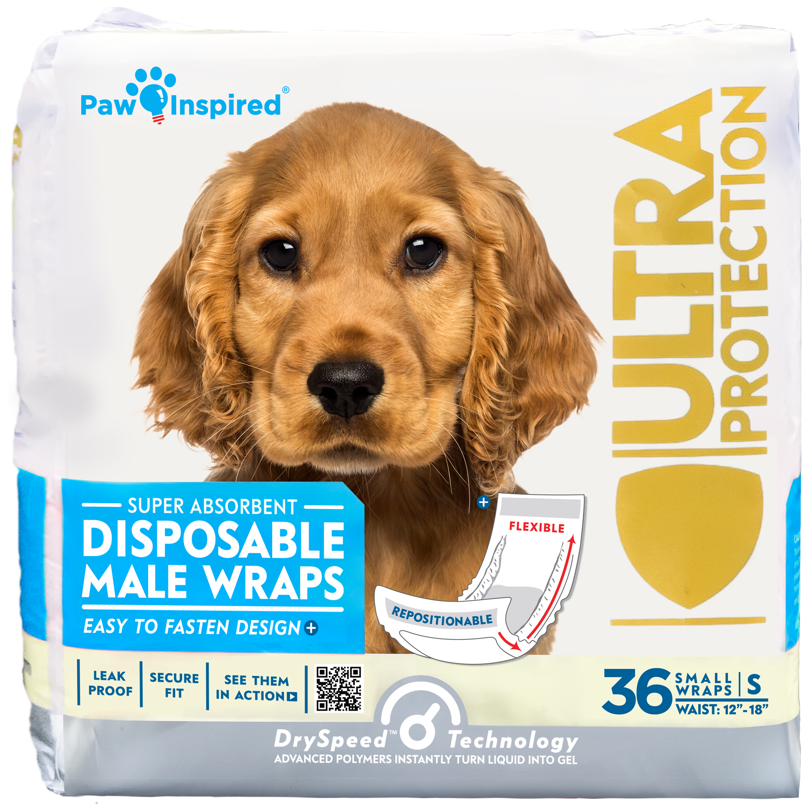 Paw Inspired disposable male wraps packaging featuring a small golden dog, showing Ultra Protection and secure fit for dogs with 12–18 inch waist.