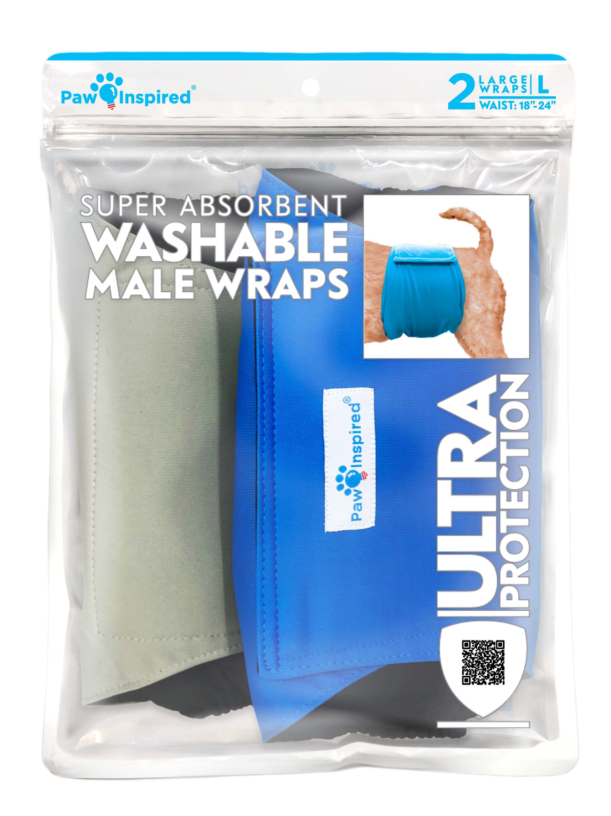 Paw Inspired Washable Male Dog Wraps L size packaging with blue and gray wraps