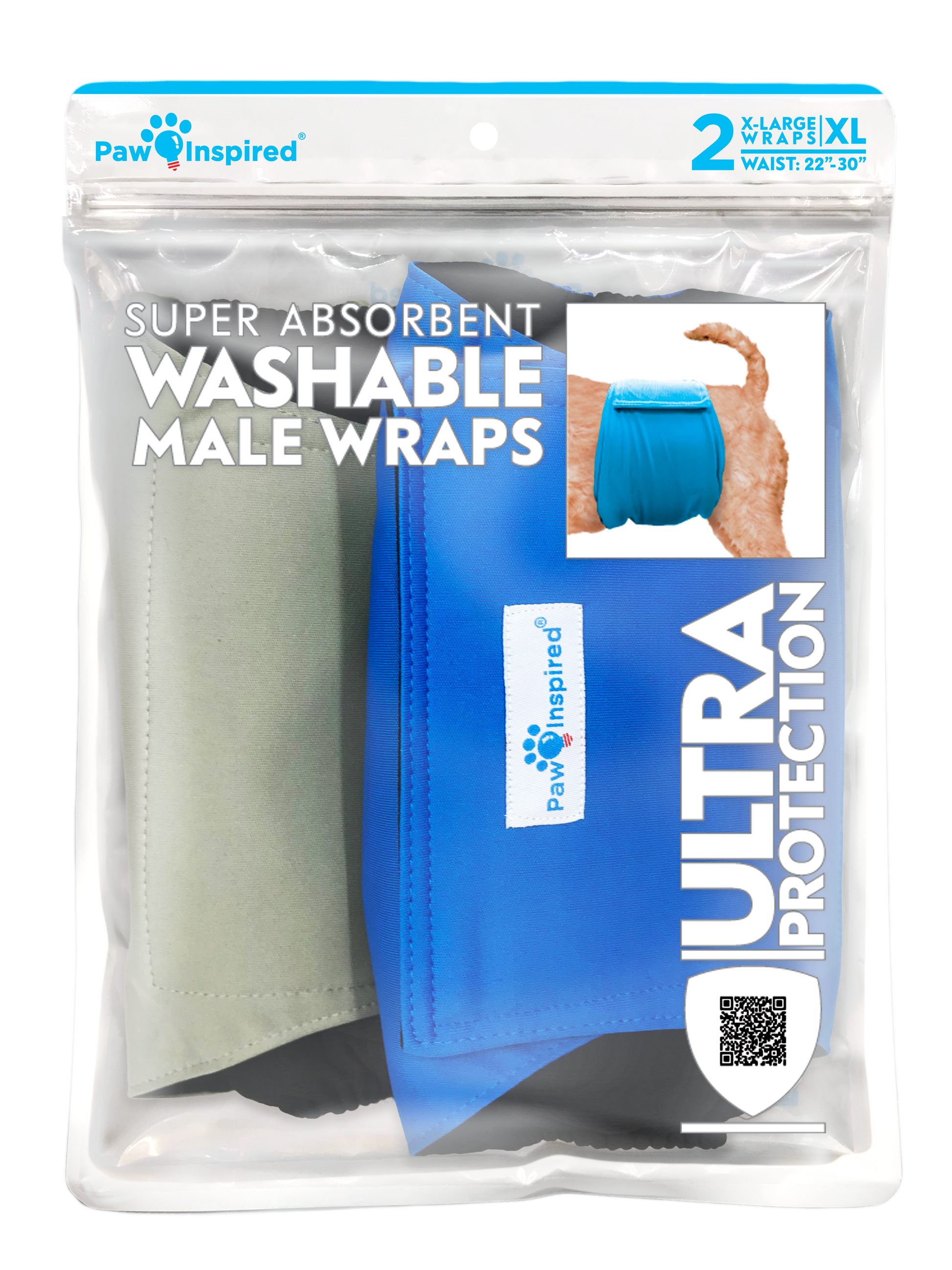 Paw Inspired Washable Male Dog Wraps XL size packaging with blue and gray wraps