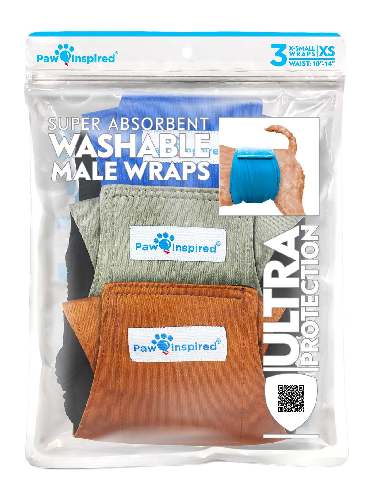 Paw Inspired Washable Male Wraps Black Lining retail packaging featuring three reusable belly bands for dogs with ultra protection and color options for extra small waist sizes.