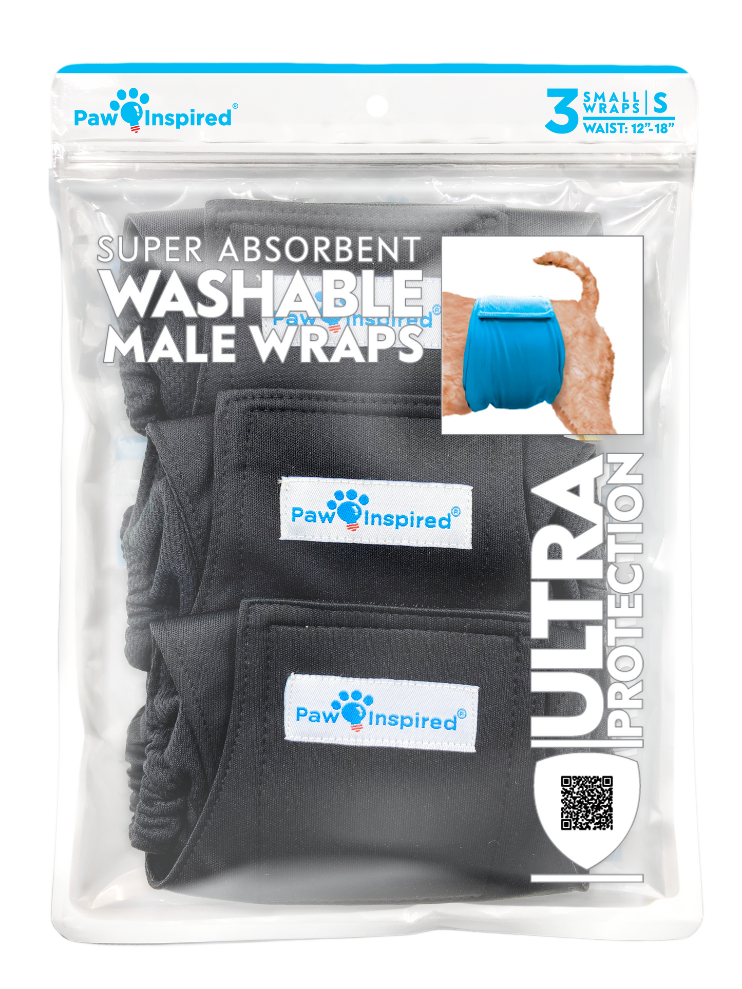 Paw Inspired Washable Male Dog Wraps S size packaging with 3 black wraps