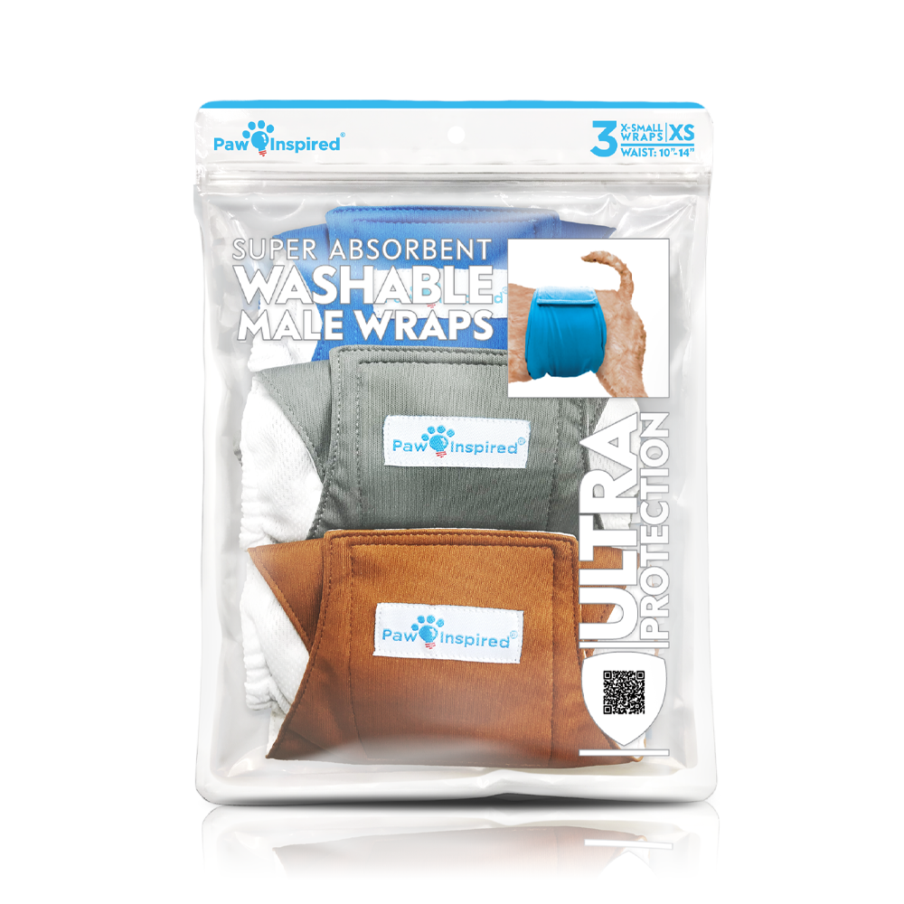 Paw Inspired Washable Male Wraps retail packaging featuring three reusable belly bands for dogs with ultra protection and color options for extra small waist sizes.