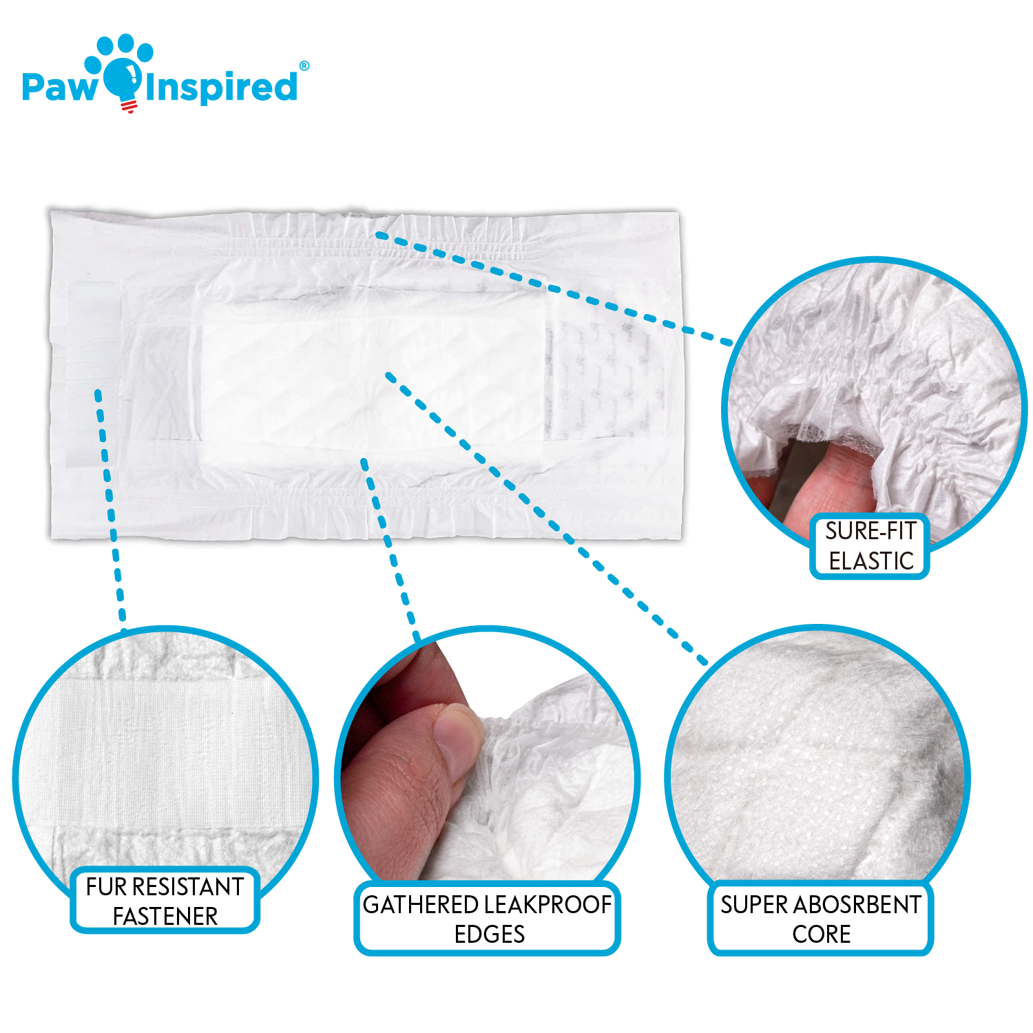 Paw Inspired disposable male dog wrap features fur-resistant fasteners, sure-fit elastic, gathered leakproof edges, and super absorbent core.