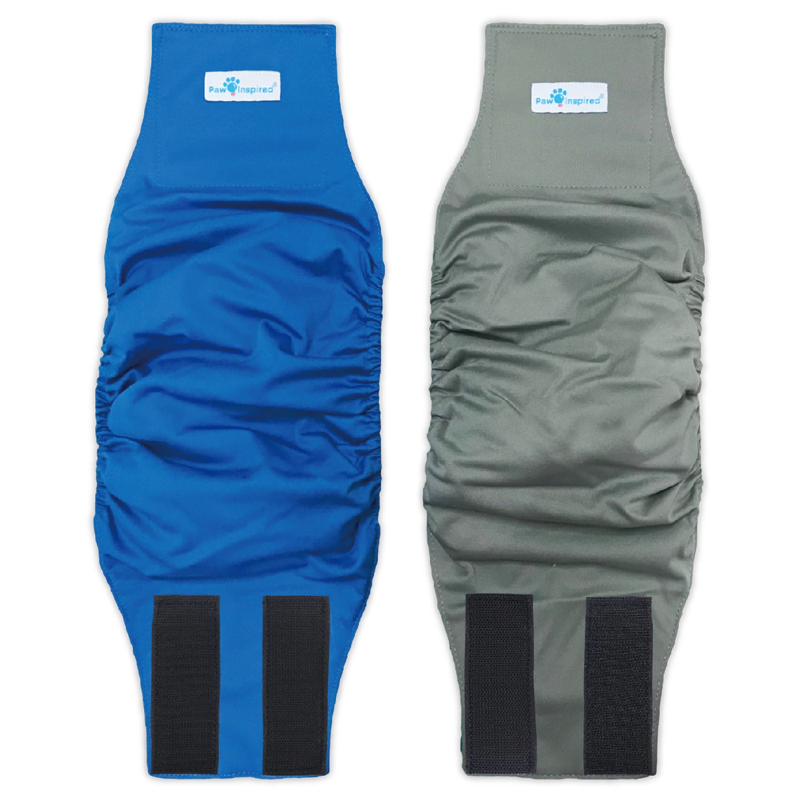 Two Paw Inspired washable male dog wraps in large size, shown in blue and gray colors with strong black hook-and-loop fasteners and black lining, designed for large male dogs.