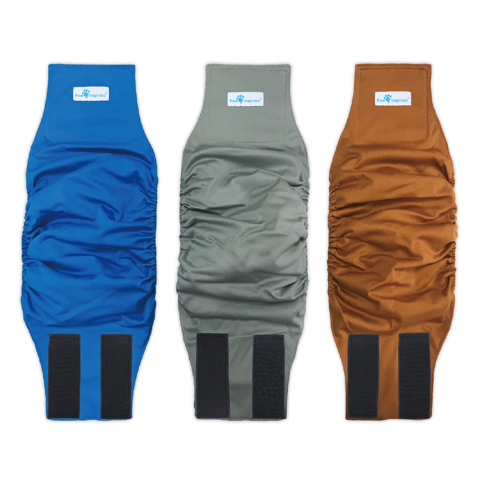 Three Paw Inspired washable male dog wraps in medium size, featuring blue, gray, and brown colors with black lining and strong hook-and-loop fasteners for secure fit and leak protection.