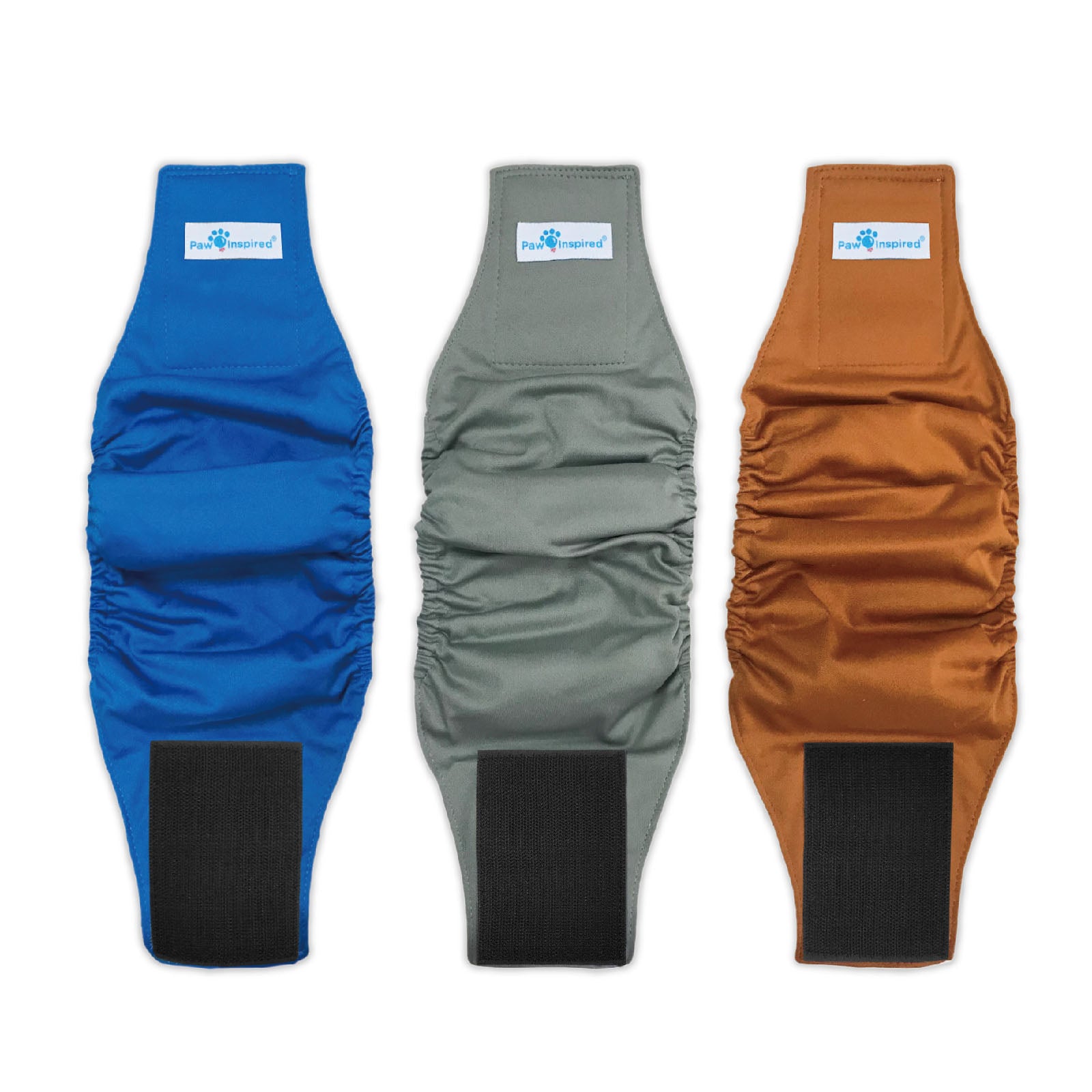 Paw Inspired washable male dog wraps for large dogs in blue, gray, and brown with black lining and strong fasteners.