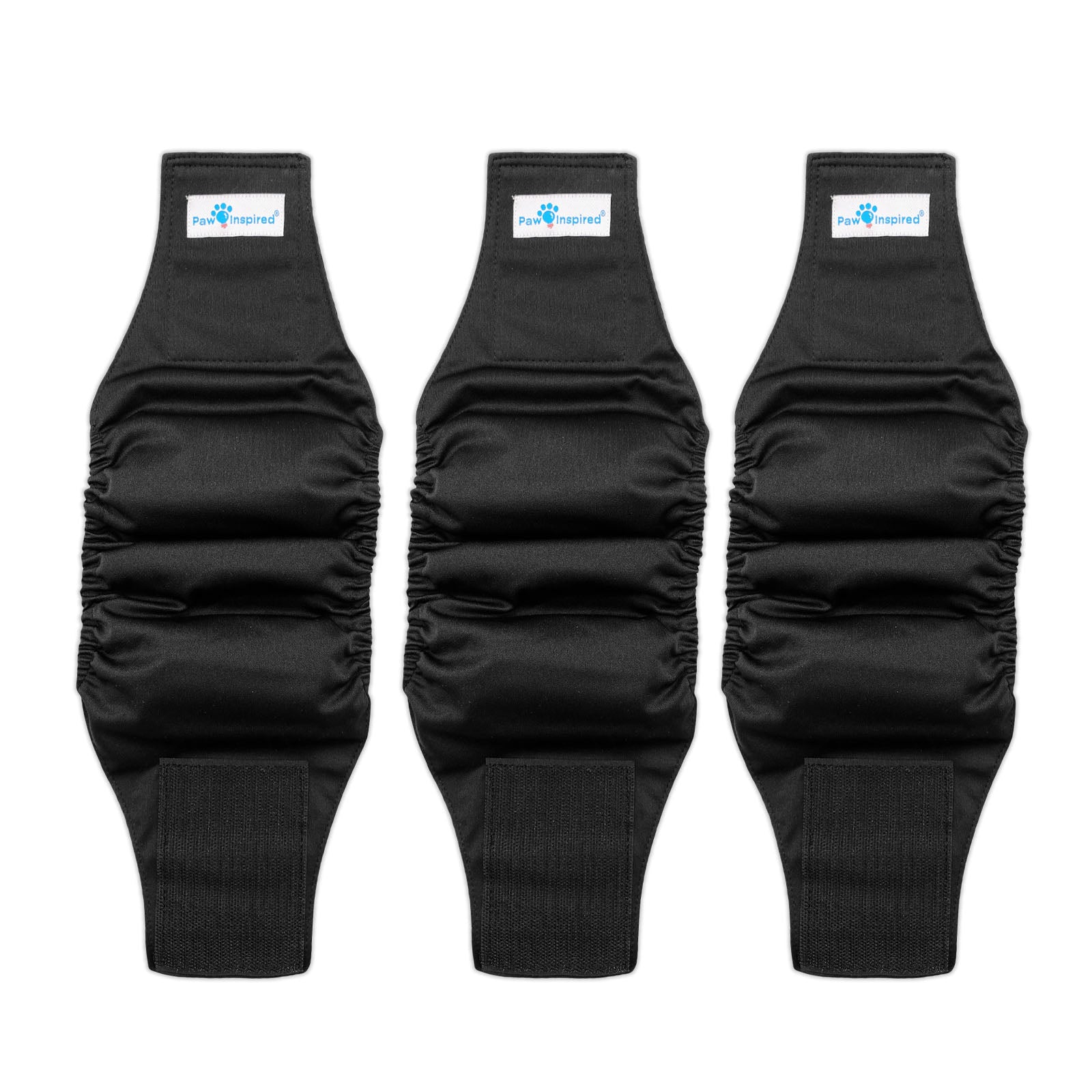 Three black Paw Inspired washable male dog wraps in extra small size with secure black lining, designed for small dogs and puppies with snug leak-proof fit.