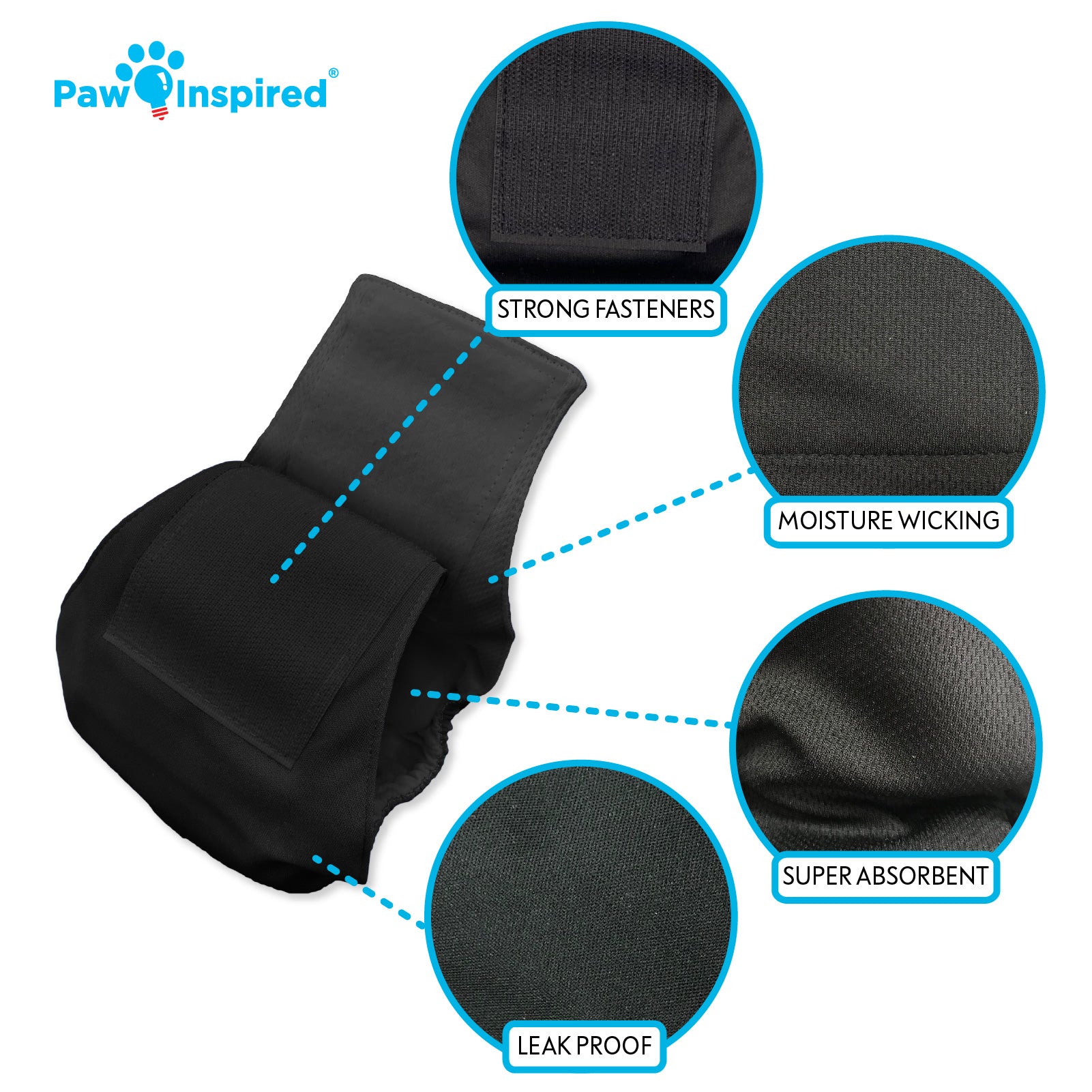 Close-up of black Paw Inspired washable male dog wrap in extra small size, showing strong fasteners, moisture-wicking inner lining, super absorbent core, leak-proof barrier, and soft black finish.