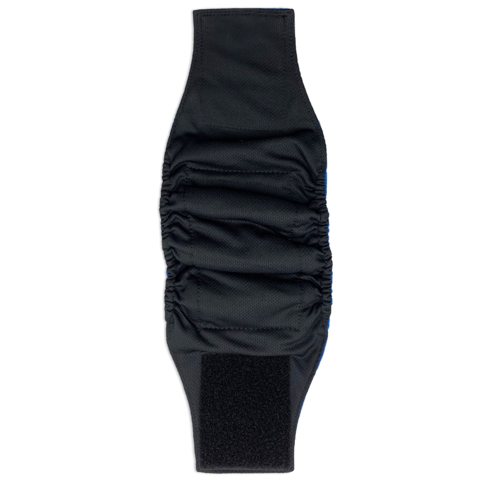 Interior view of Paw Inspired black washable male dog wrap showing moisture-wicking inner lining and wide hook-and-loop fastener for secure fit.