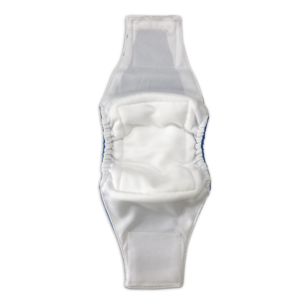 Inside view of Paw Inspired washable male dog wrap, showing soft white absorbent lining and leak-proof barrier for male dog incontinence protection.