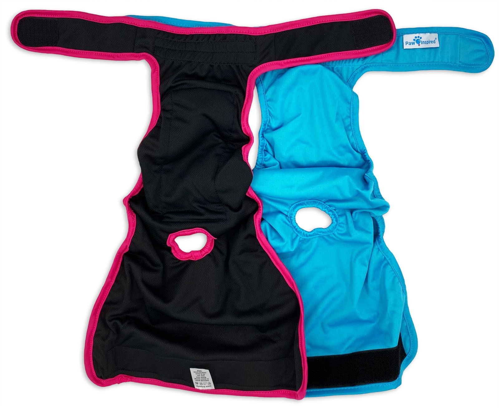 Open view of black and blue large-size dog diapers, highlighting the interior, tail holes, and velcro fasteners.