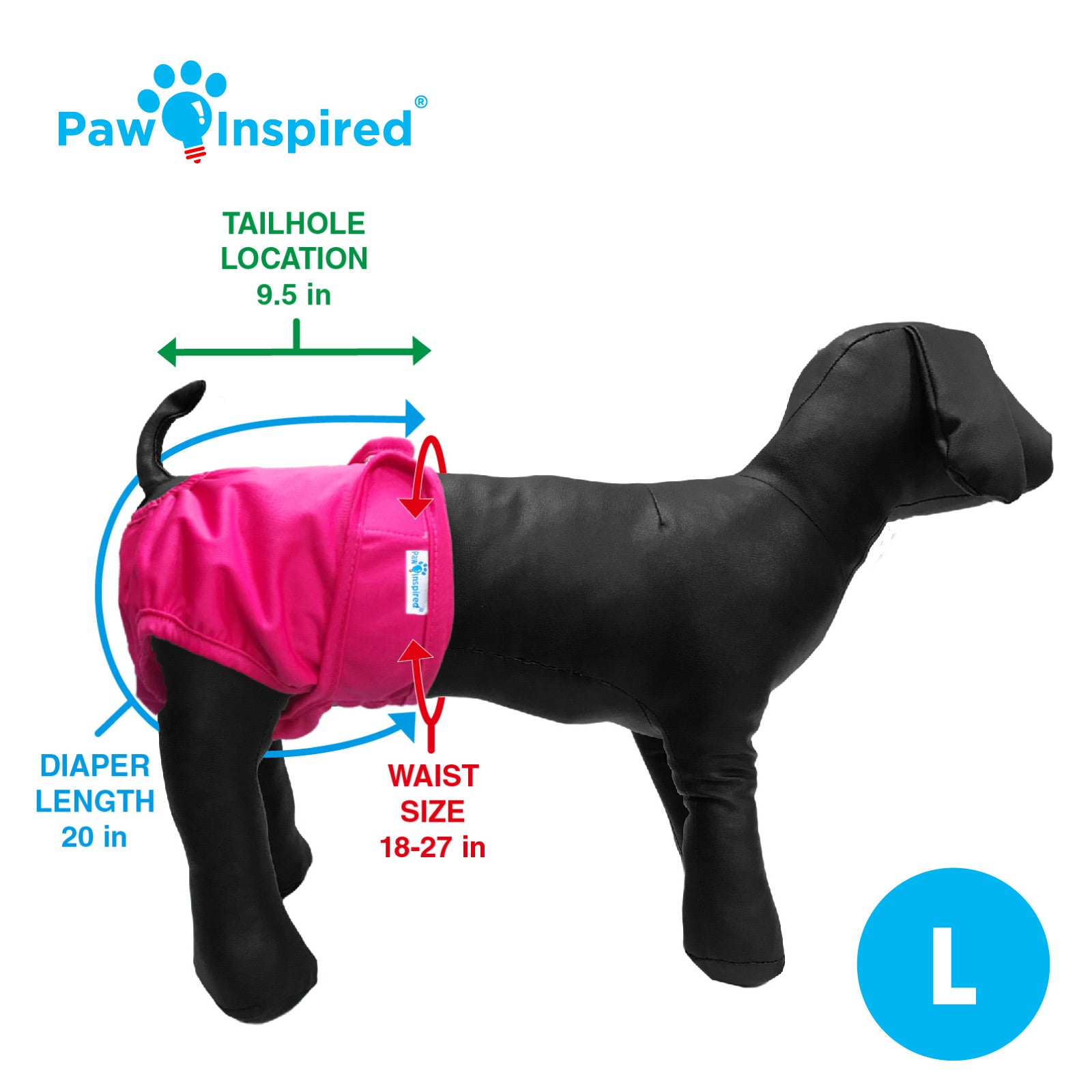 Large size dog diaper on a black mannequin with labeled dimensions: 20 in diaper length, 9.5 in tail hole location, and 18–27 in waist size.