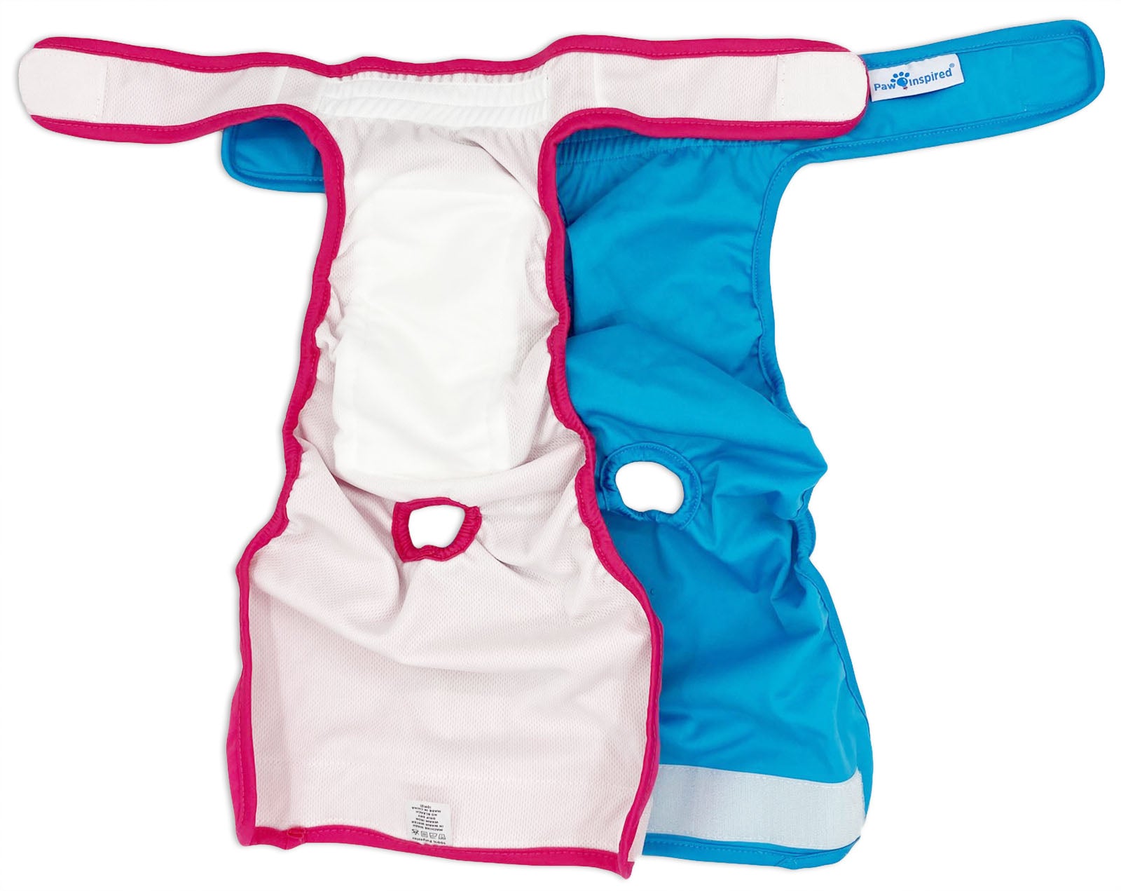Interior view of two large Paw Inspired reusable dog diapers in blue and white, laid flat to show inner lining and tail holes.