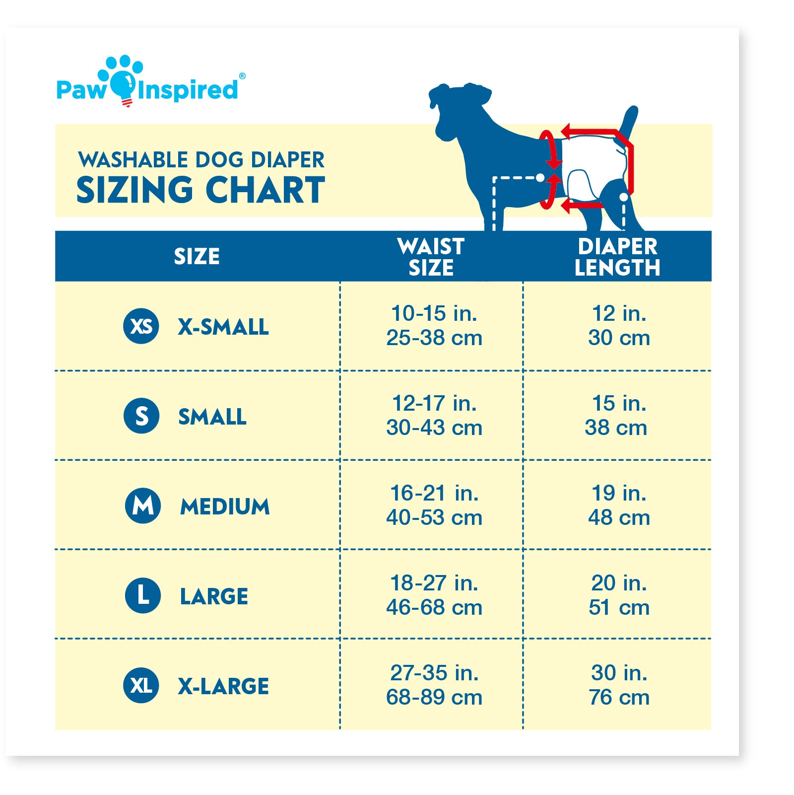 Paw Inspired washable dog diaper size chart – comparison of XS to XL sizes with corresponding waist and diaper length in inches and centimeters.