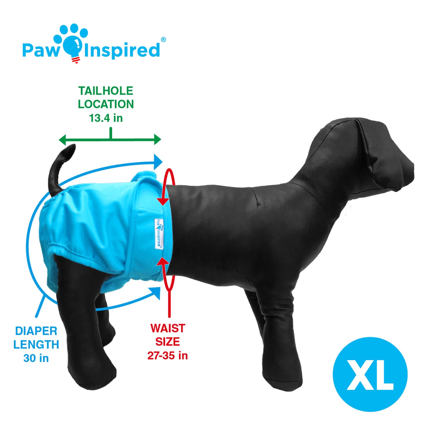 Black dog mannequin wearing a blue XL dog diaper with measurements labeled: tailhole location, diaper length, and waist size.