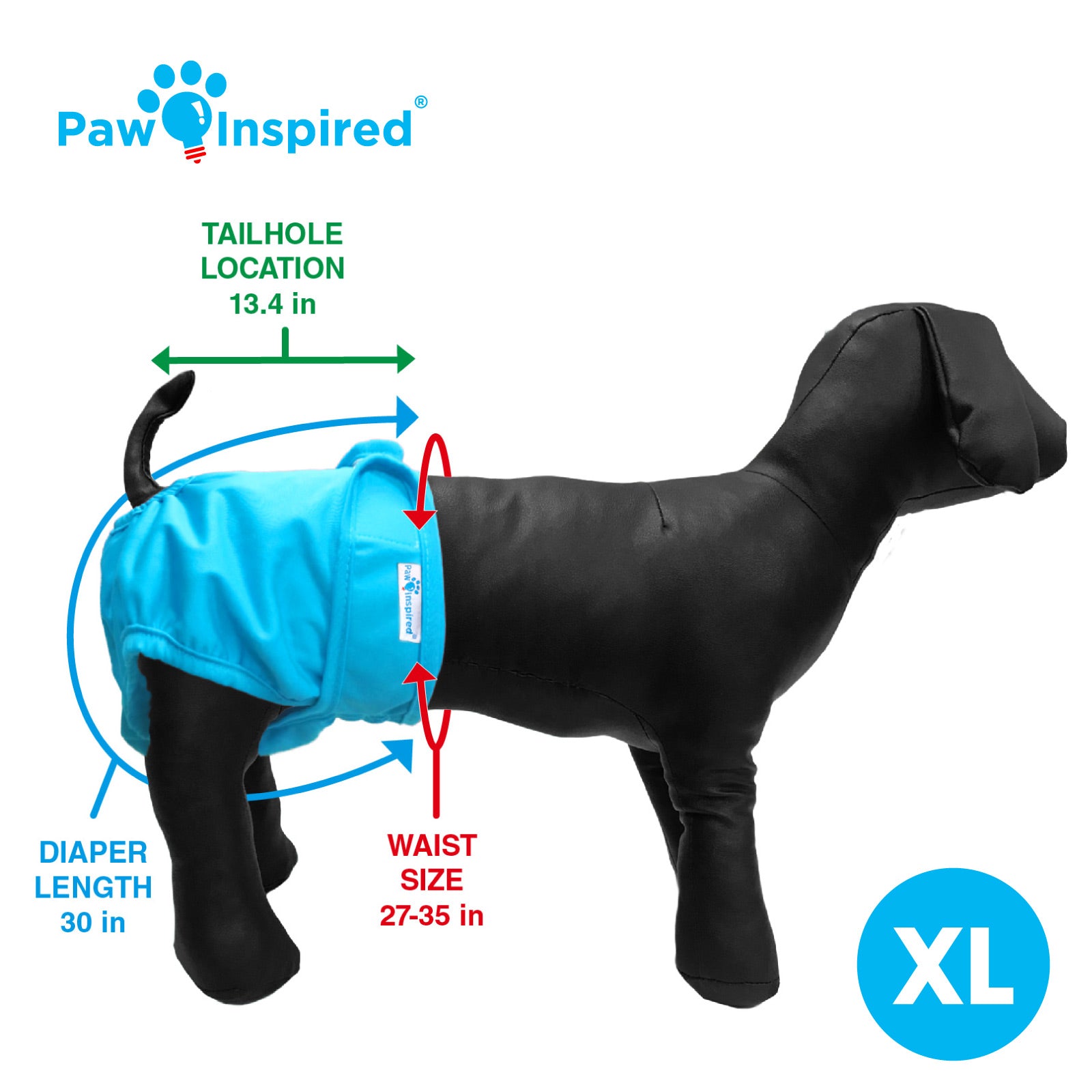 Black dog mannequin wearing a blue XL dog diaper with measurements labeled: tailhole location, diaper length, and waist size.