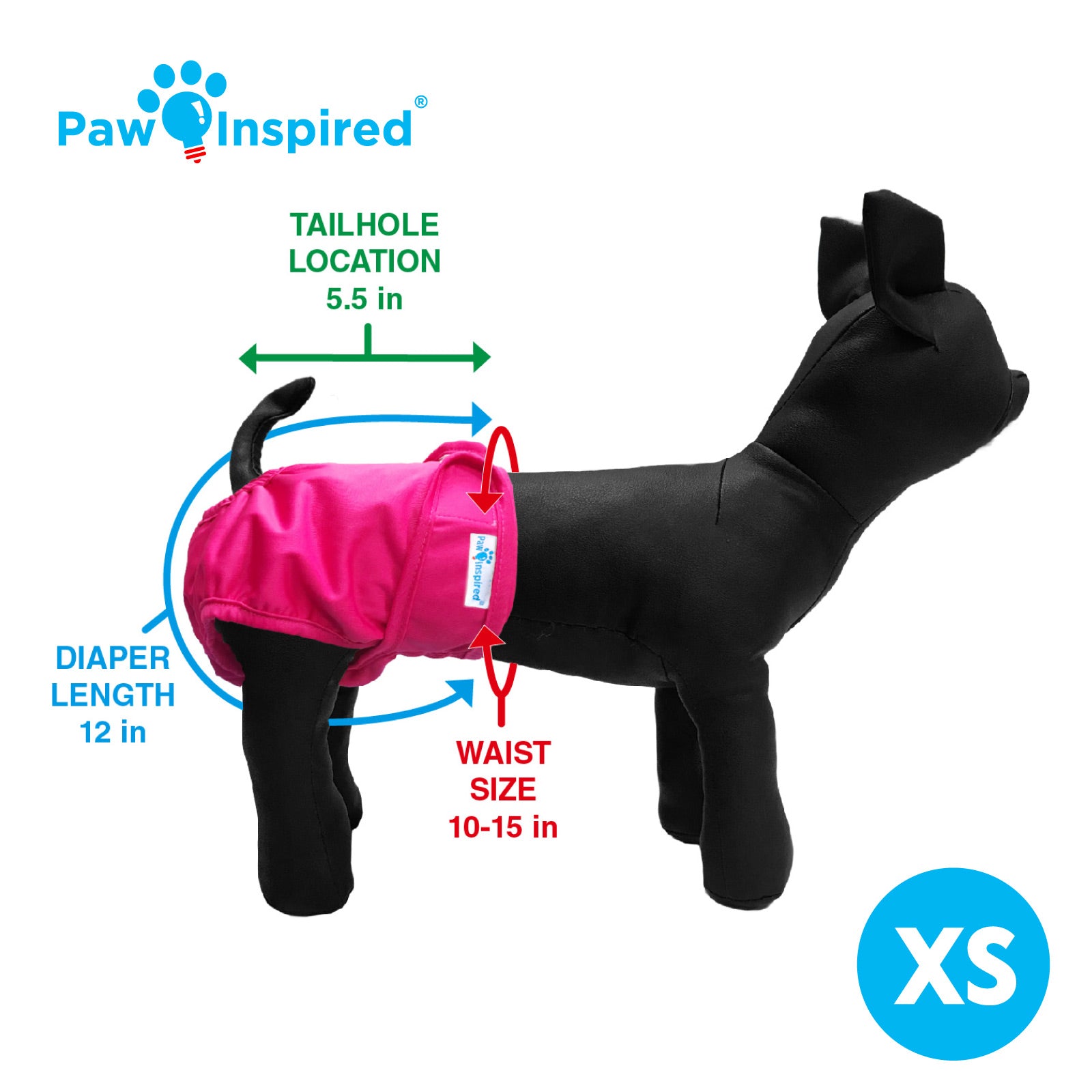 XS-size dog mannequin wearing Paw Inspired red washable diaper – showing measurements for waist size and diaper length.