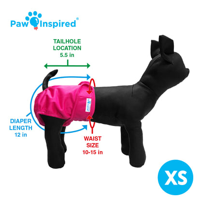 XS-size dog mannequin wearing Paw Inspired red washable diaper – showing measurements for waist size and diaper length.