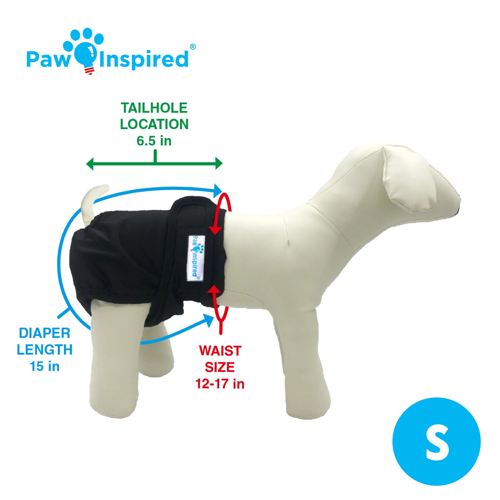 Size M dog mannequin wearing a black diaper, showing tail hole location (7.5 in), diaper length (19 in), and waist size (16–21 in).