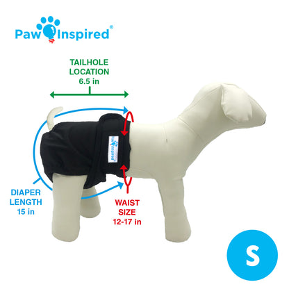 Size M dog mannequin wearing a black diaper, showing tail hole location (7.5 in), diaper length (19 in), and waist size (16–21 in).