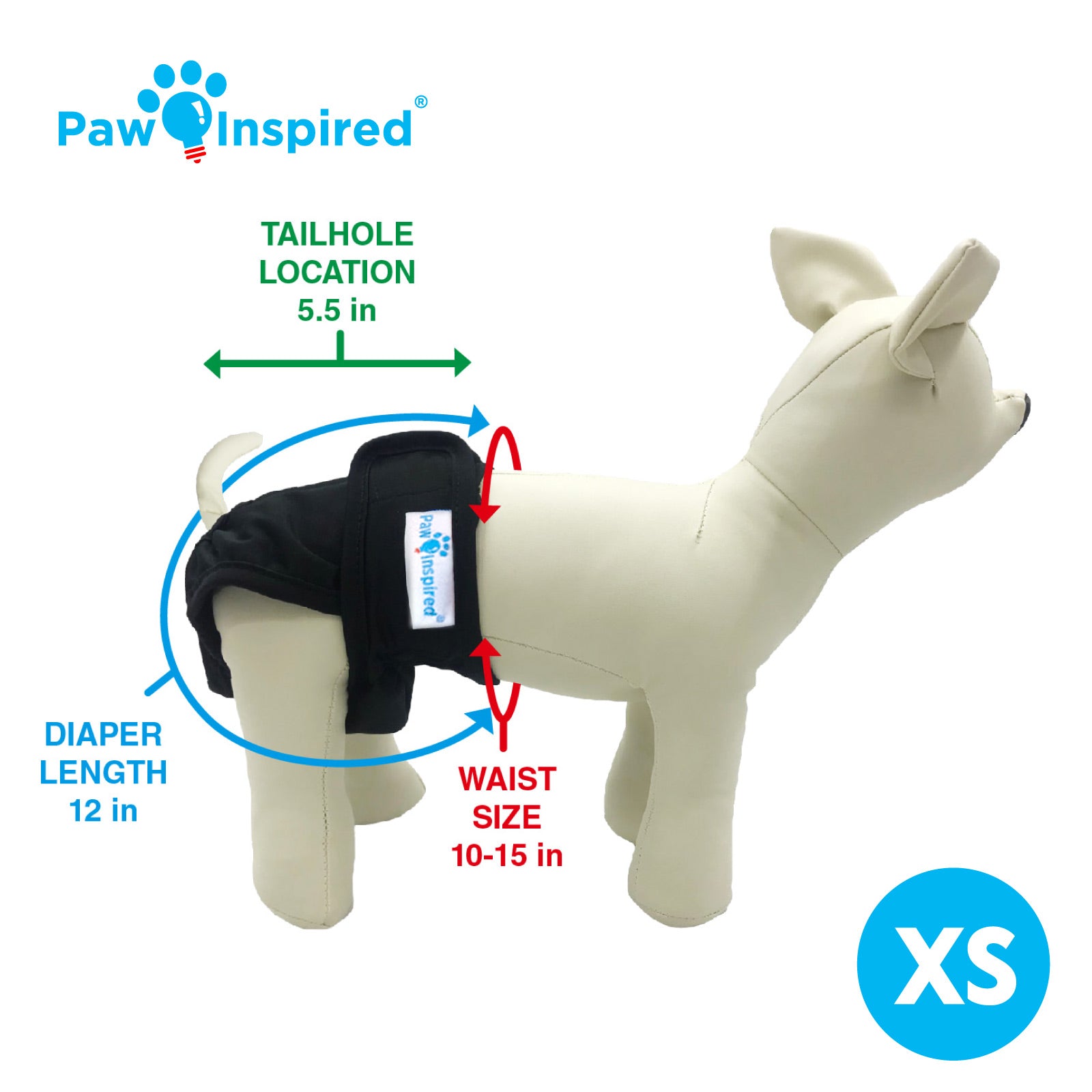 Size XS dog mannequin wearing a black washable diaper, showing tail hole location (5.5 in), diaper length (12 in), and waist size (10–15 in).