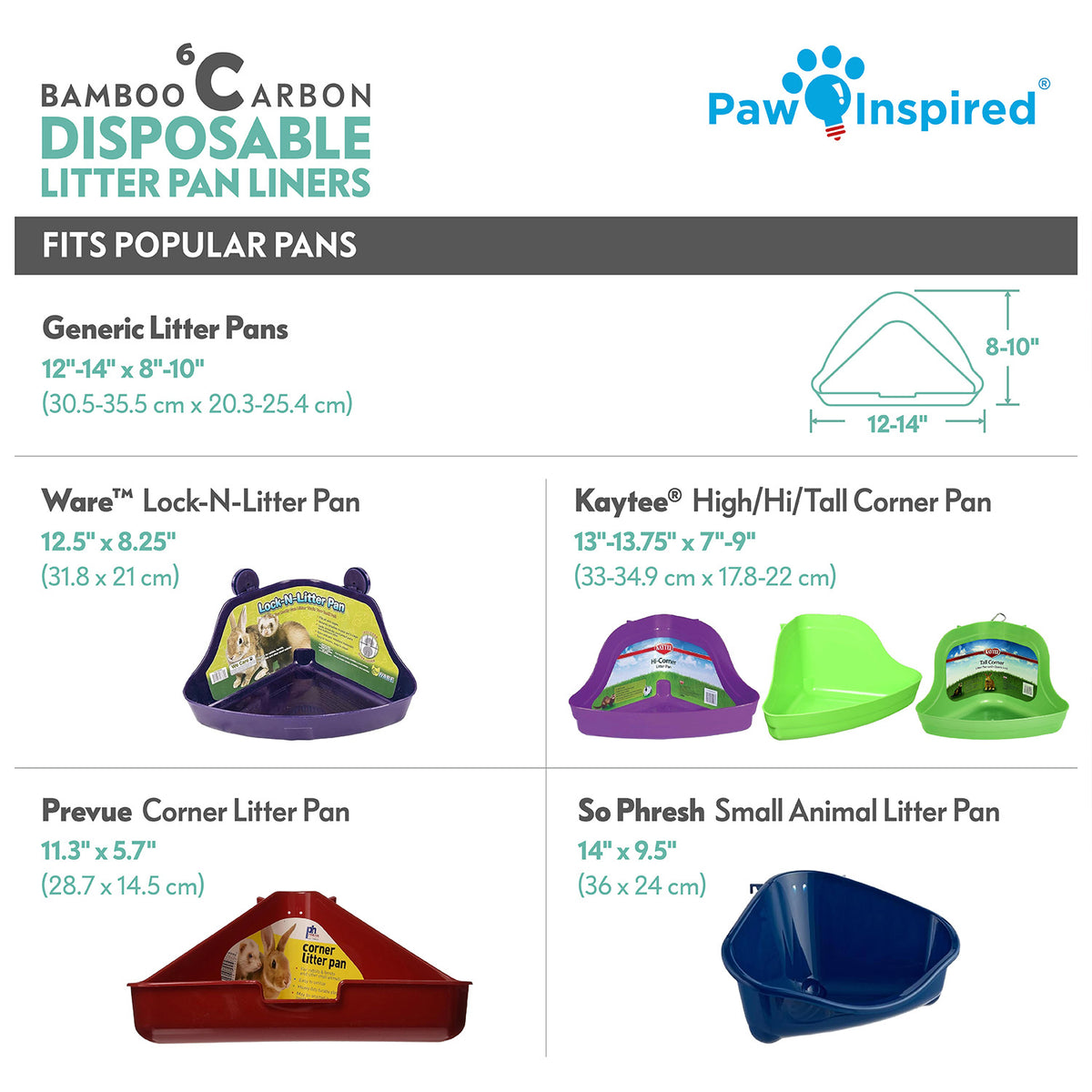 Compatibility chart showing that Paw Inspired triangle litter pan liners fit popular pans including Ware Lock-N-Litter, Kaytee High Corner Pan, Prevue Corner Litter Pan, and So Phresh Small Animal Litter Pan.