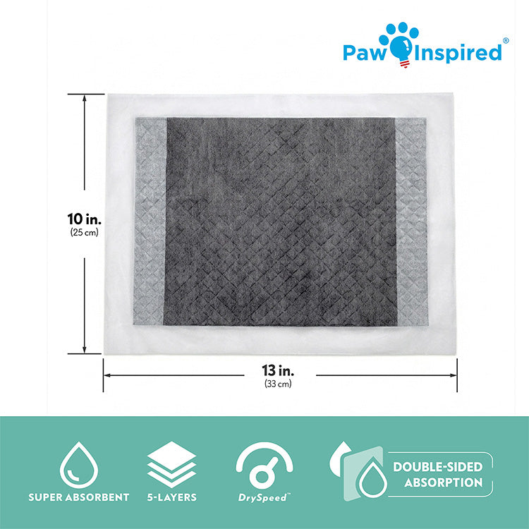 Size chart for the rectangular litter pan pad, showing dimensions of 13 inches by 10 inches (33 cm by 25 cm) with feature icons for super absorbent, 5-layers, DrySpeed, and double-sided absorption.