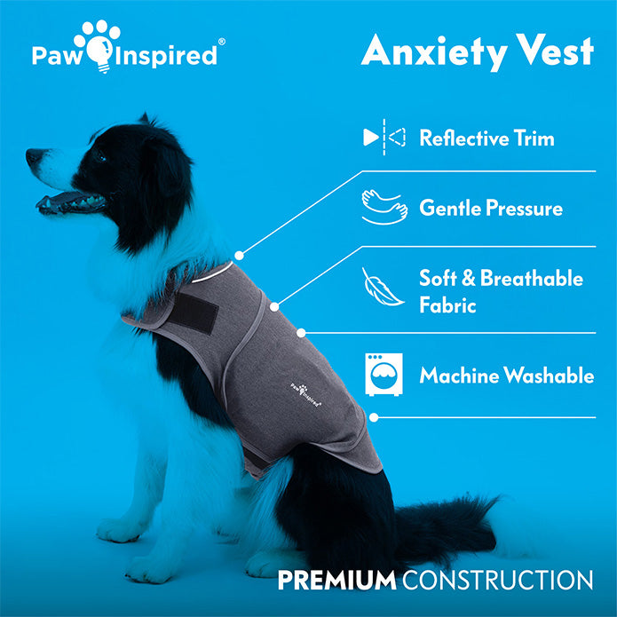 Anxiety Vest highlighting its key features: Reflective trim for safety, gentle pressure for calming, soft & breathable fabric for comfort, and it's fully machine washable.