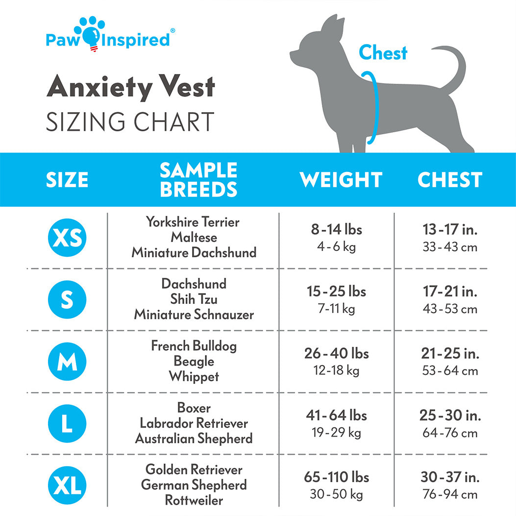 Detailed size chart for the Paw Inspired Dog Anxiety Vest, showing chest and neck measurements to ensure a perfect fit for effective anxiety relief.