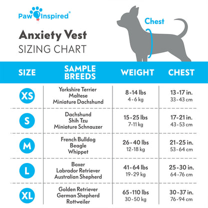 Detailed size chart for the Paw Inspired Dog Anxiety Vest, showing chest and neck measurements to ensure a perfect fit for effective anxiety relief.