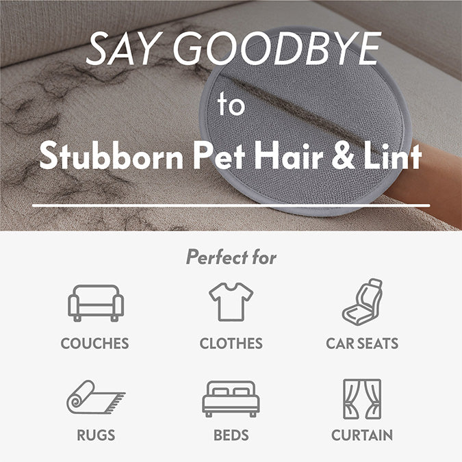 Infographic listing multiple use cases for the Paw Inspired pet fur remover mitt, featuring icons for couches, clothes, car seats, rugs, beds, and curtains.