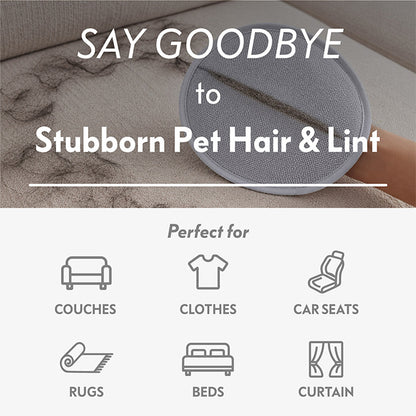 Infographic listing multiple use cases for the Paw Inspired pet fur remover mitt, featuring icons for couches, clothes, car seats, rugs, beds, and curtains.