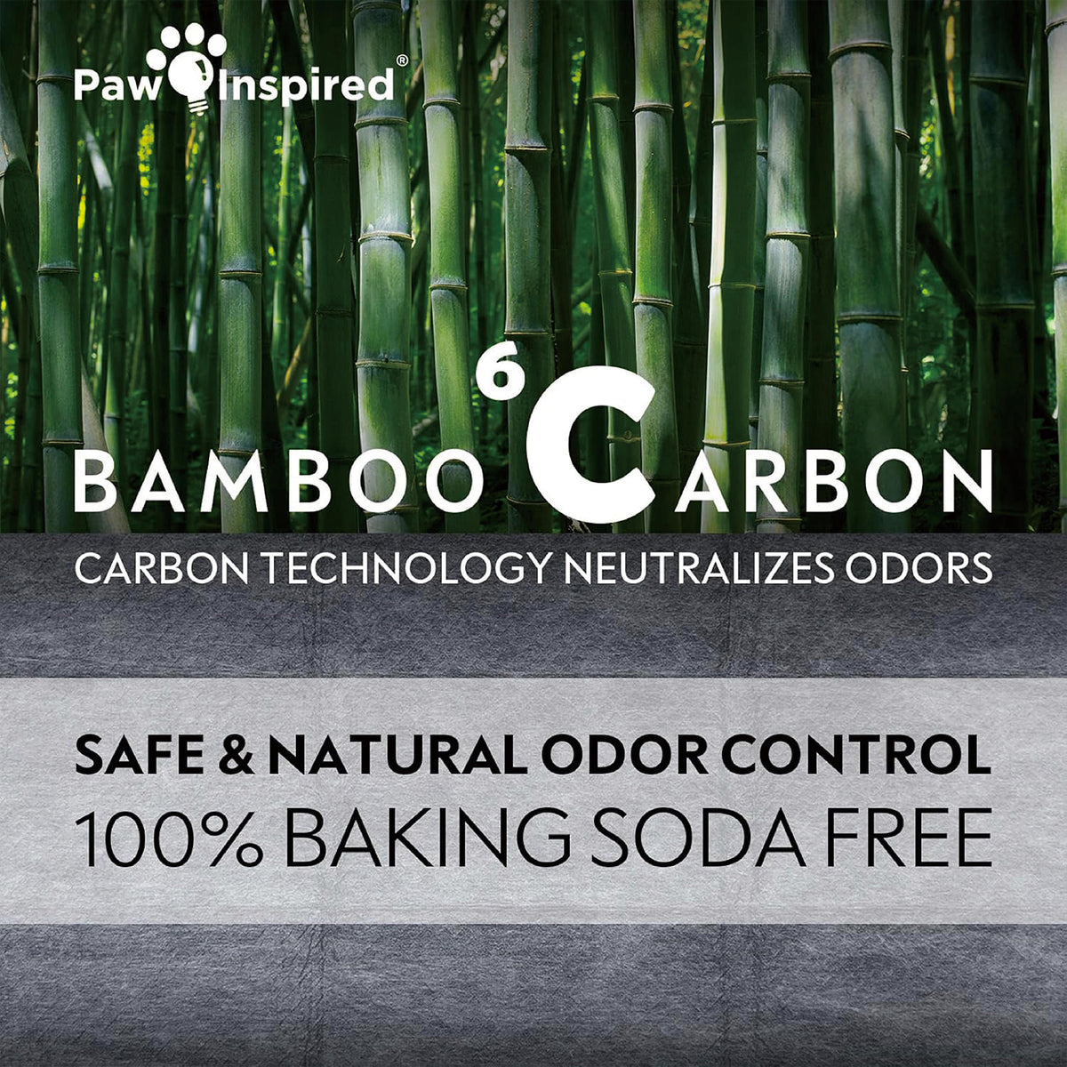 Product graphic with a green bamboo forest background, highlighting safe and natural odor control with bamboo carbon technology that is entirely baking soda free.