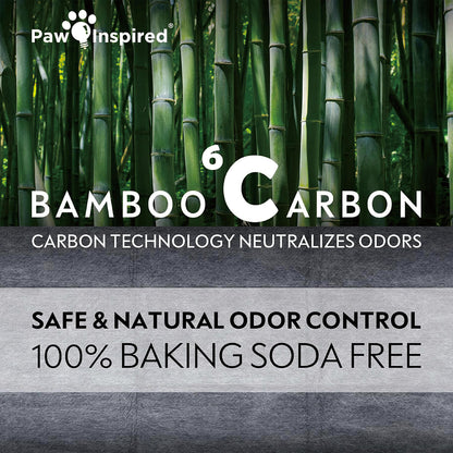 Product graphic with a green bamboo forest background, highlighting safe and natural odor control with bamboo carbon technology that is entirely baking soda free.