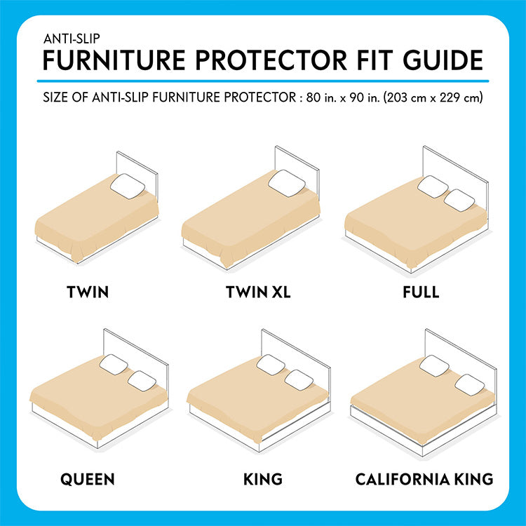 A bed size fit guide for the Paw Inspired Anti-Slip Furniture Protector (80 in x 90 in), illustrating how the cover fits on Twin, Twin XL, Full, Queen, King, and California King beds.