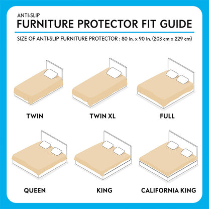 A bed size fit guide for the Paw Inspired Anti-Slip Furniture Protector (80 in x 90 in), illustrating how the cover fits on Twin, Twin XL, Full, Queen, King, and California King beds.