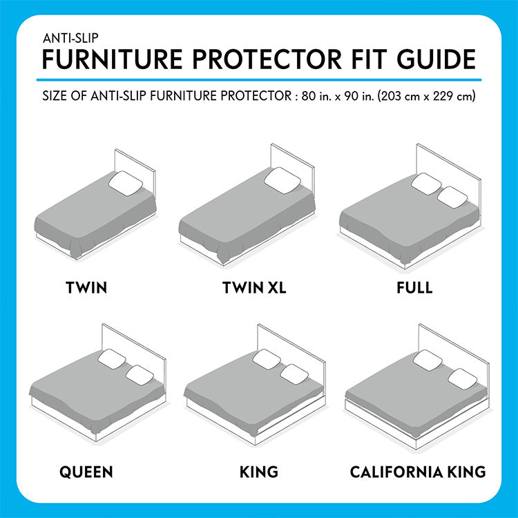 A bed size fit guide for the Paw Inspired Anti-Slip Furniture Protector (80 in x 90 in), illustrating how the cover fits on Twin, Twin XL, Full, Queen, King, and California King beds.