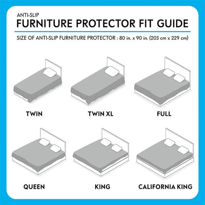 A bed size fit guide for the Paw Inspired Anti-Slip Furniture Protector (80 in x 90 in), illustrating how the cover fits on Twin, Twin XL, Full, Queen, King, and California King beds.