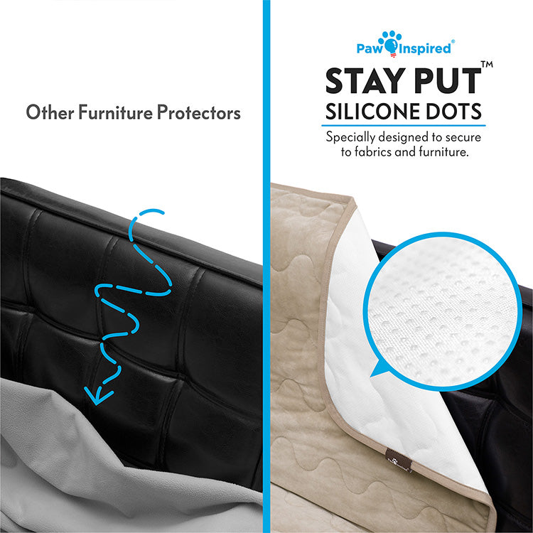 A comparison image showing the Paw Inspired Anti-Slip Furniture Protector with Stay Put™ Silicone Dots versus other protectors. The silicone dot backing provides a secure, non-slip grip on leather and fabric surfaces to prevent slipping.