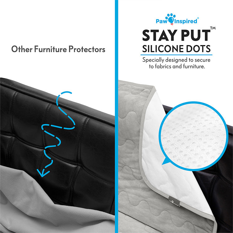 A comparison image showing the Paw Inspired Anti-Slip Furniture Protector with Stay Put™ Silicone Dots versus other protectors. The silicone dot backing provides a secure, non-slip grip on leather and fabric surfaces to prevent slipping.