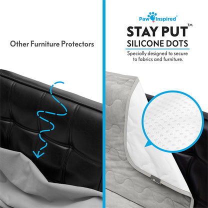 A comparison image showing the Paw Inspired Anti-Slip Furniture Protector with Stay Put™ Silicone Dots versus other protectors. The silicone dot backing provides a secure, non-slip grip on leather and fabric surfaces to prevent slipping.